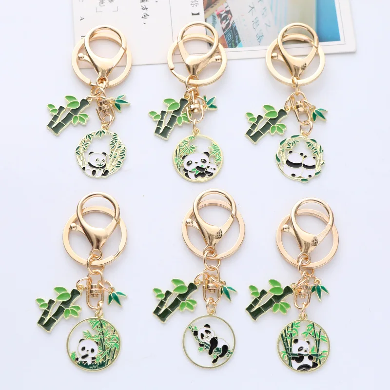 

Fashion Chinese Style Cute Panda Keychain for Women Drop Glaze Bamboo Leaf Gold Color Keychian Bag Key Pendant Jewelry Girl Gift