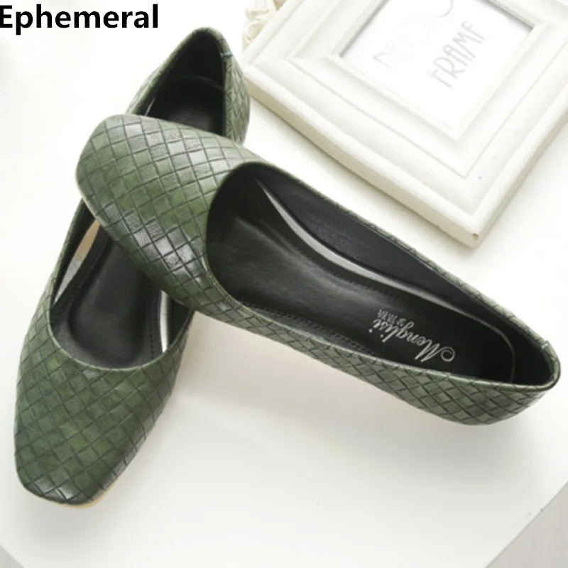 

Lady Ballet Flats Soft Sole Square Toe Shoes Women Low Top Slip-on Breathable Loafers Casual Plus Size 43-34 Green Weaving Tacon