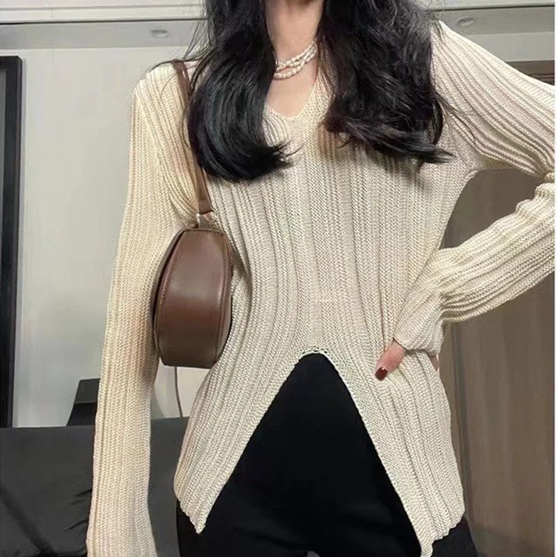 

Split Long Sleeve Pullover Hollow Out Sweater Women 2023 Autumn Korean Fashion Knitted Tops Sexy V Neck Thin Slim White Sweaters