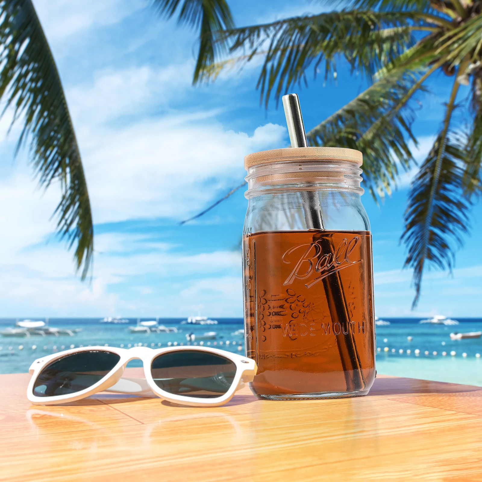 

Mason Jar Cups with Lid Glass Straws Cup with Stainless Steel Straw Cup Reusable Glass Boba Smoothie Cup