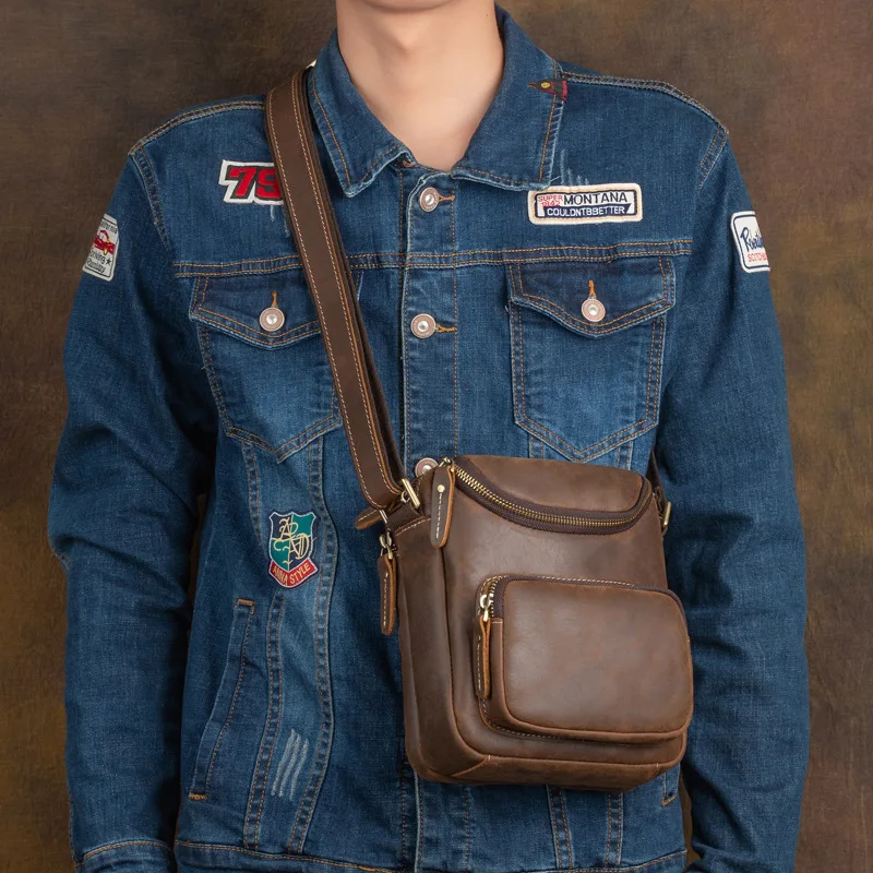 AETOO Leather Men's Shoulder Bag Natural Cowhide Vertical Crossbody Bag Casual Large Capacity Flip Zipper Bag