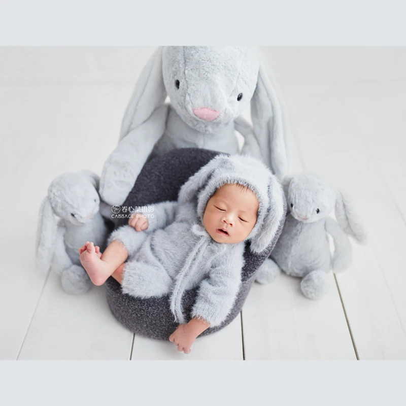 Dvotinst Newborn Baby Photography Props Soft Knitted Furry Cute Rabbit Outifts Hoodies Bodysuits Studio Shooting Photo Props enlarge