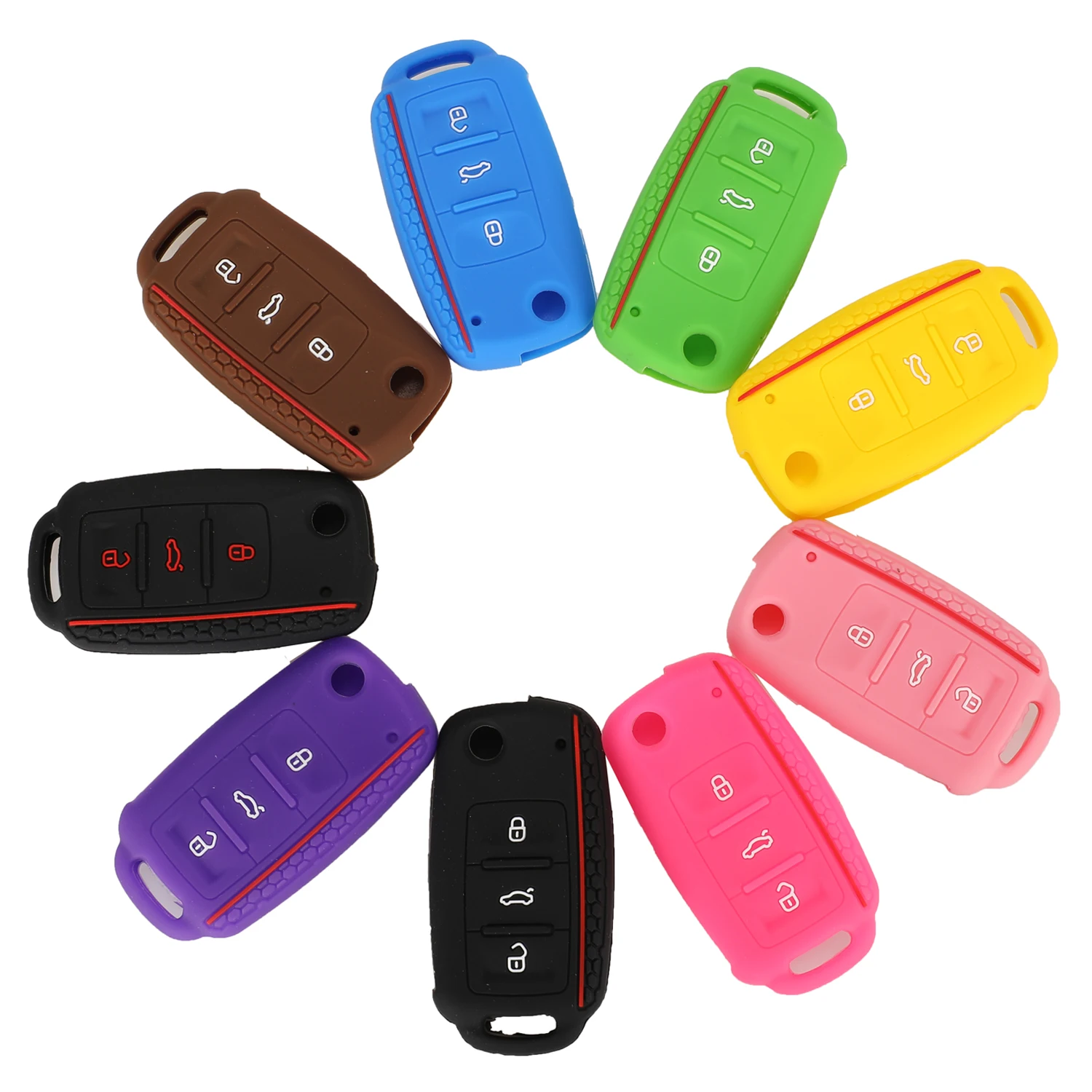 

jingyuqin 10pcs For Volkswagen polo passat b5 golf 4 5 6 MK5 MK6 Eos Bora Beetle TSI Fob Silicone Remote Car Key Case 3Button