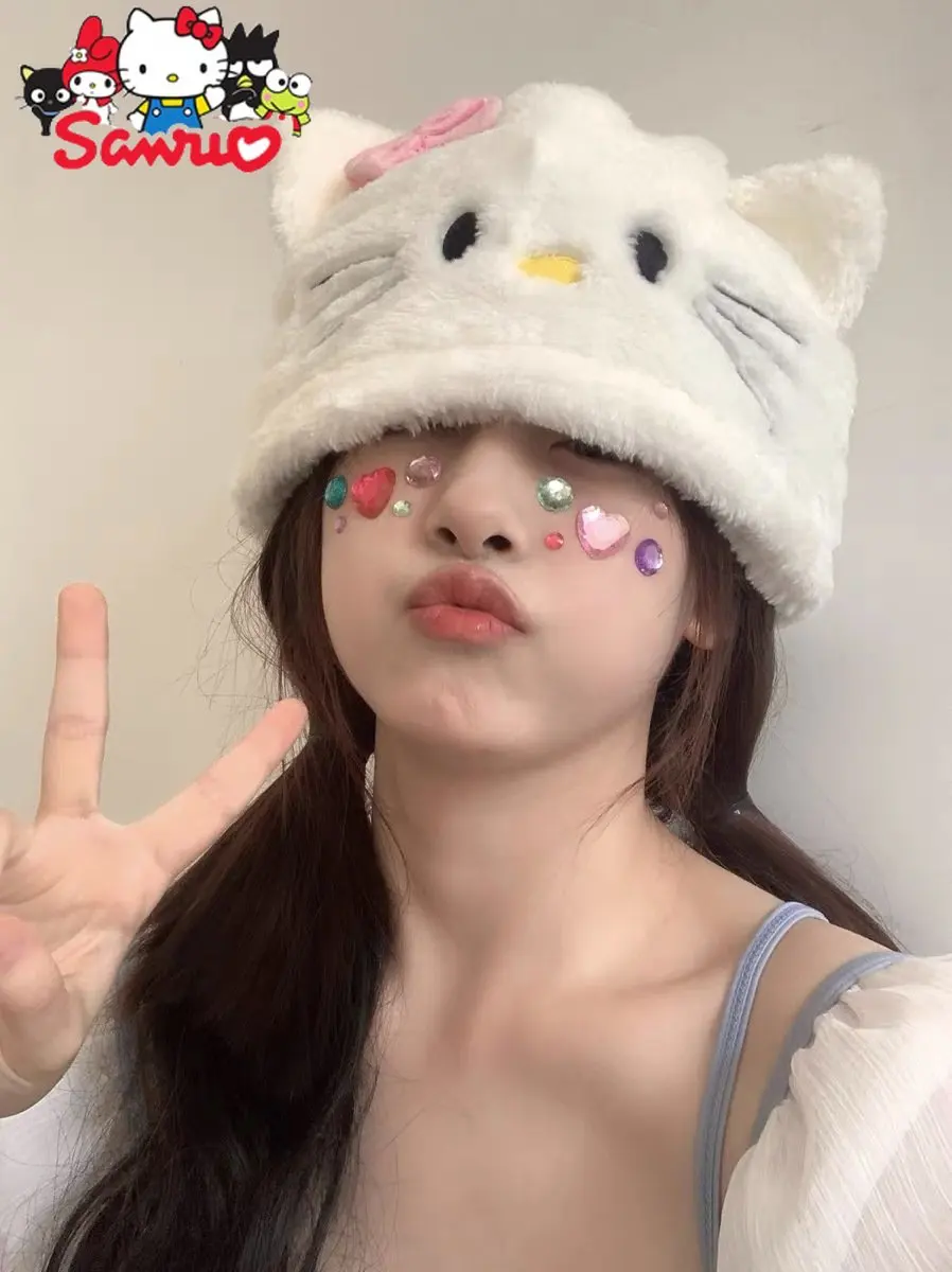 

Sanrio Hello Kitty Plush Hat Cartoon Winter Warm Hat Selfie Student Girl Gift Stuff Knitted Solid Couple Autumn Female Caps