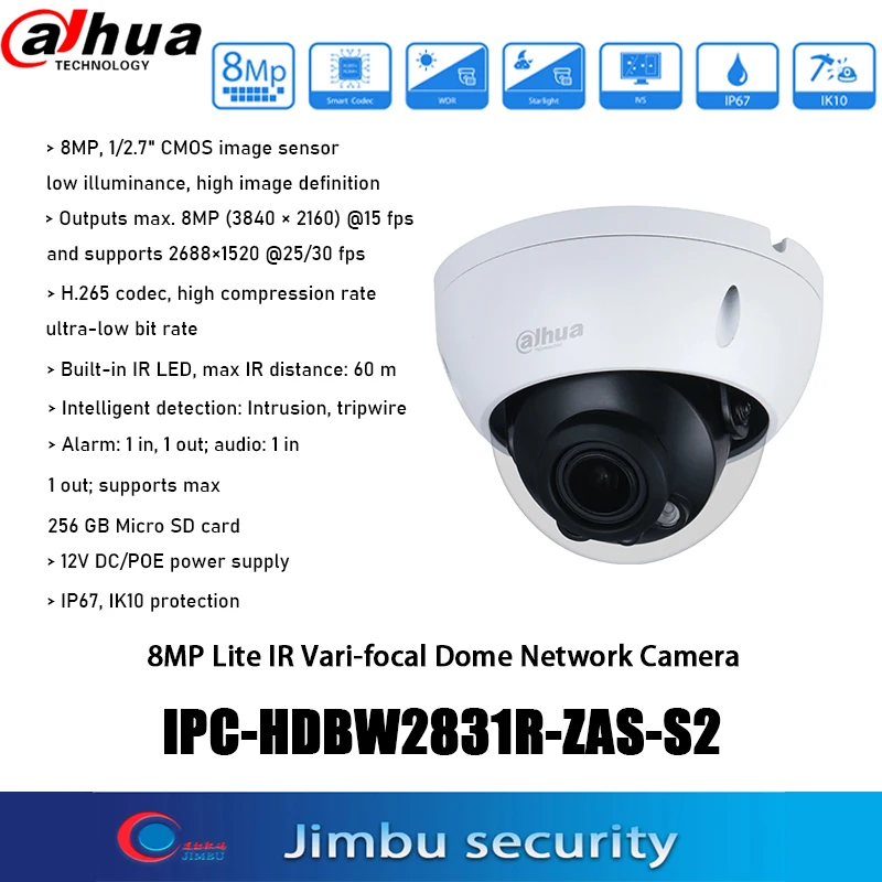 

Dahua 8MP 4K iptv IPC-HDBW2831R-ZAS-S2 POE SD H.265+ Card Slot IR40m Alarm Starlight Lite IR Vari-focal Dome Network Camera