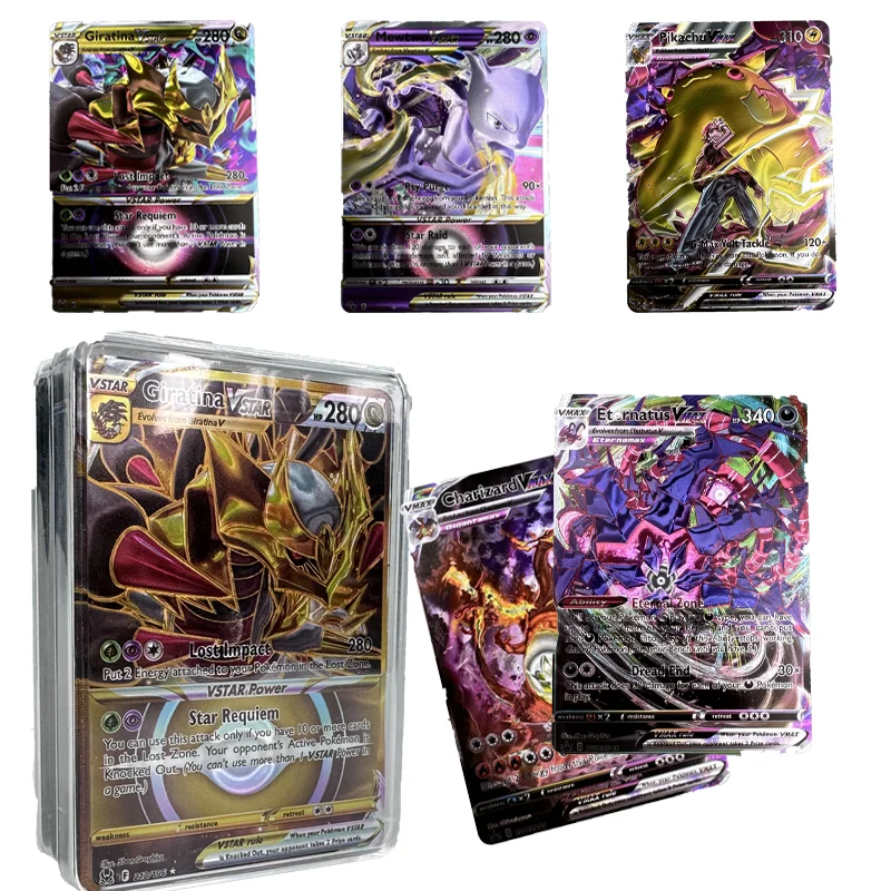 

Pokemon Pikachu Charizard Mewtwo English Colourfull Paper Cards Clear Box Vmax Game Collection Battle Super Cards Anime Kids Toy
