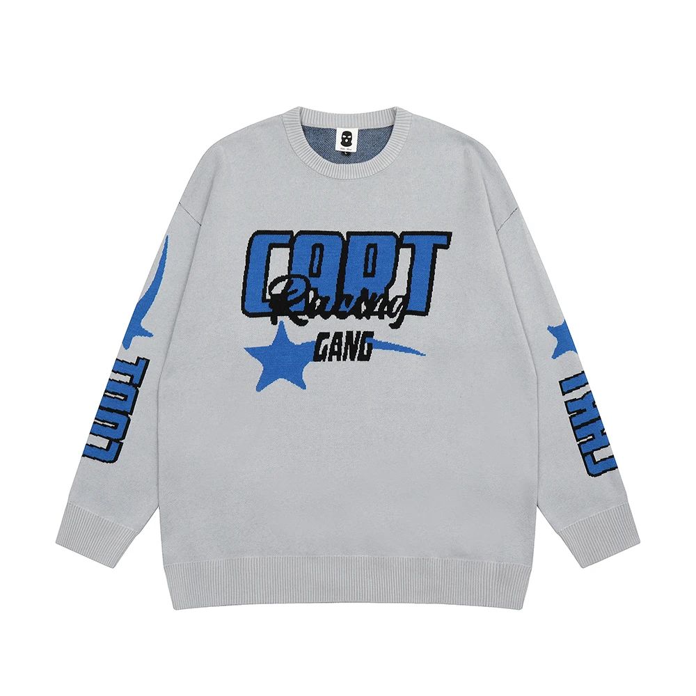 

Мужской вязаный мешковатый свитер с надписью и звездами, с круглым вырезом