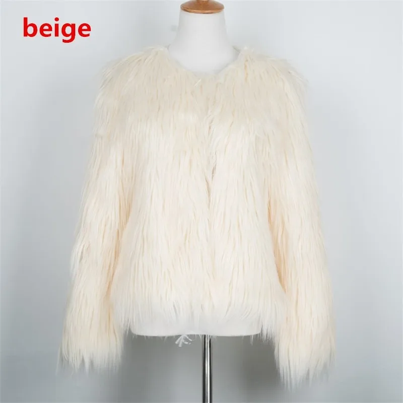 Women Warm Faux Fur Coat Winter 2021 Elegant Short Yellow Hairy Furry Fake Fur Overcoat O Neck Oversized Loose Fluffy Outerwears