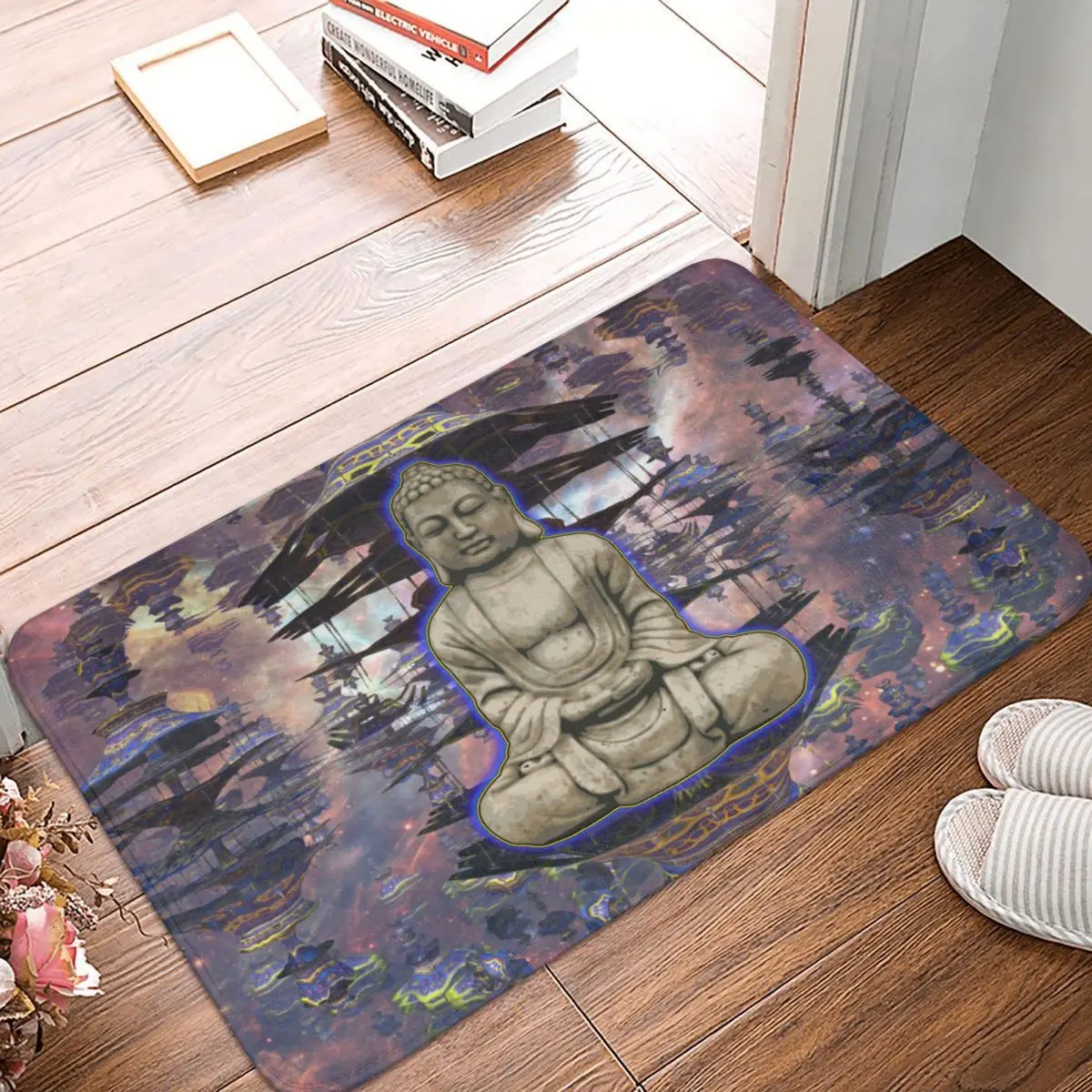 

Buddha In Zen With Pagoda Temple Abstract Carpet, Polyester Floor Mats Retro Living Room Indoor Festivle Gifts Mats Customizable