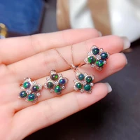 meibapj natural black opal gemstone earrings ring and necklace 3 pieces suit for women real 925 sterling silver fine jewelry set