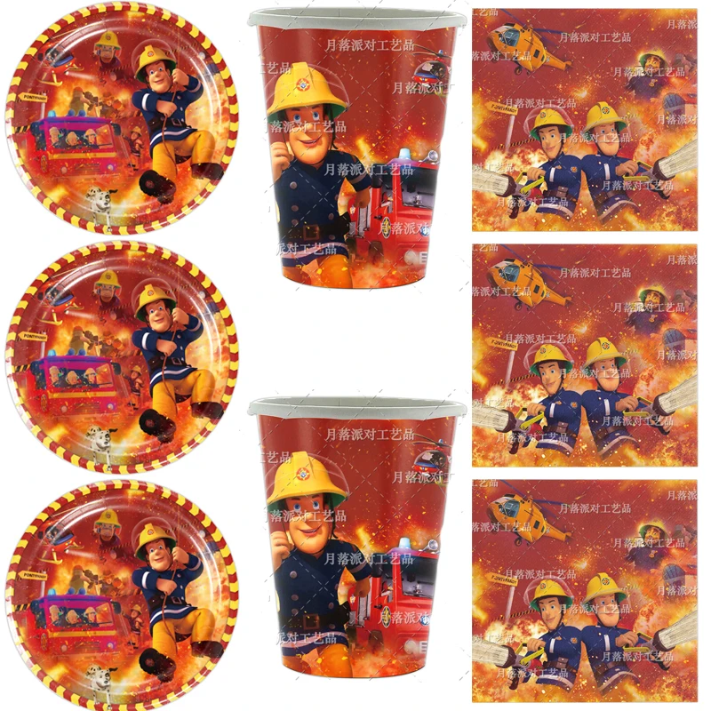 

60pcs/lot Fireman Theme Plates Dishes Kids Girls Favors Cups Napkins Baby Shower Decoration Events Supplies