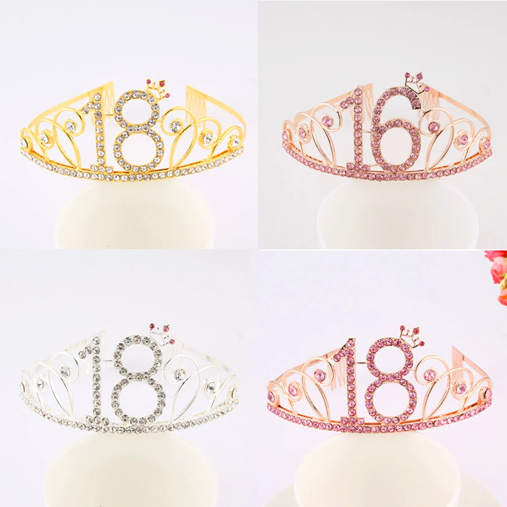 Princess Birthday Party Decoration 18 21 30 40 Rose Gold Crystal  Crown Tiara Bridal Hair Band Happy Birthday Anniversary Party