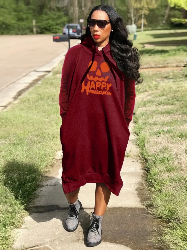 

Y2k Streetwear Female Pattern Print Long Halloween Dresses Casual Hipster Long-sleeve Hooded Neckline Straight Loose Vestido Ins