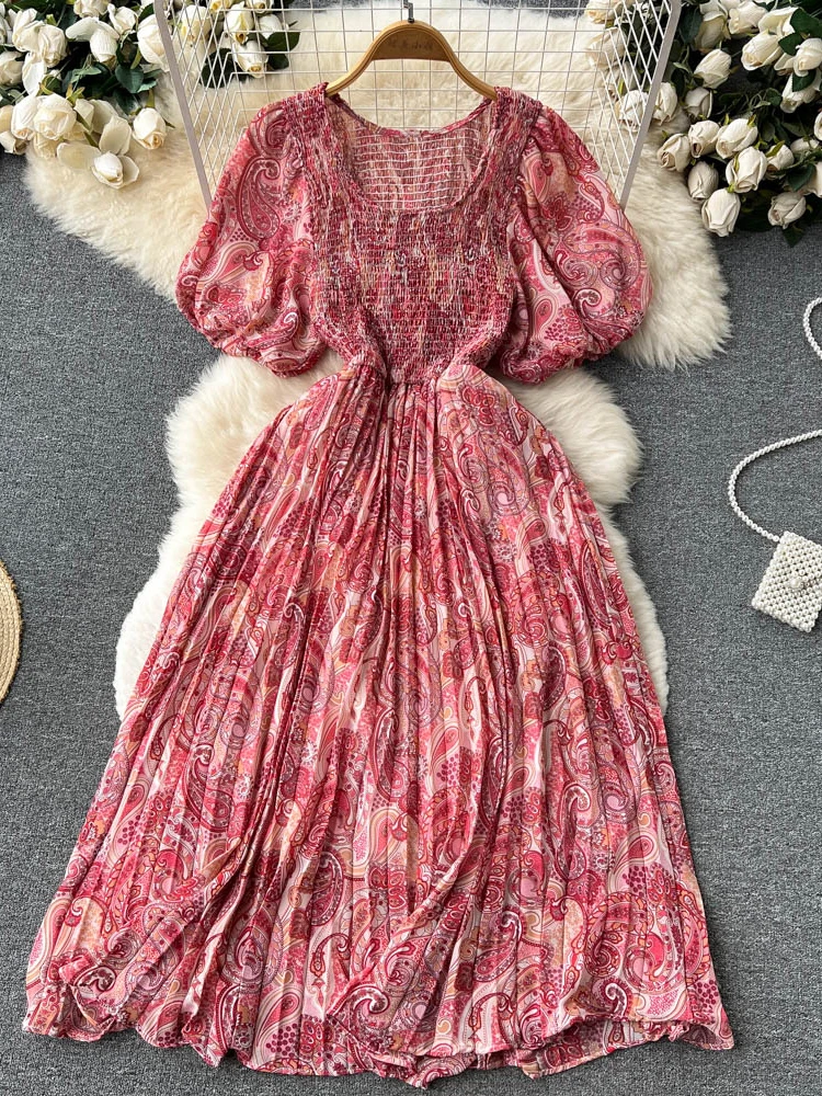 

Summer Women Printed Pleated Dress Vintage O-Neck Puff Short Sleeve High Waist A-Line Draped Big Swing Slim Vestidos Female New