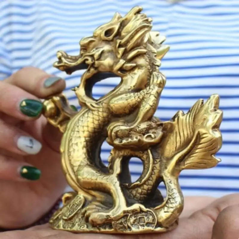 

5inch;chinese Zodiac Fengshui Brass Carved Yuanbao Money Coin Animal Dragon Lucky Statues et Sculptures Collection Ornaments