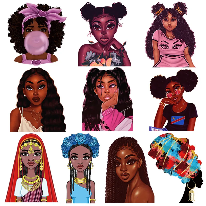 

Fashion African Girl Patch Beautiful Black Women Patches Iron on Thermal Transfer Print Sticker DIY Applique for T-Shirt Decor
