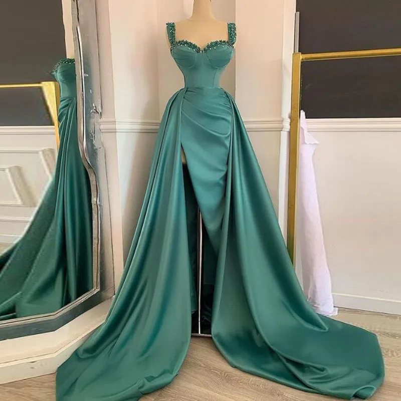 

GUXQD Green Evening Dresses O-Neck Beaded With Pleat Side Slit Satin Arabic Prom Gown Dubai Long Train Pageant Party Dress