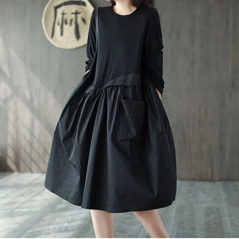 

Платье женское весенне-осеннее, модное однотонное литературное свободное Элегантное повседневное с длинным рукавом и отстрочкой, с карманами для похудения