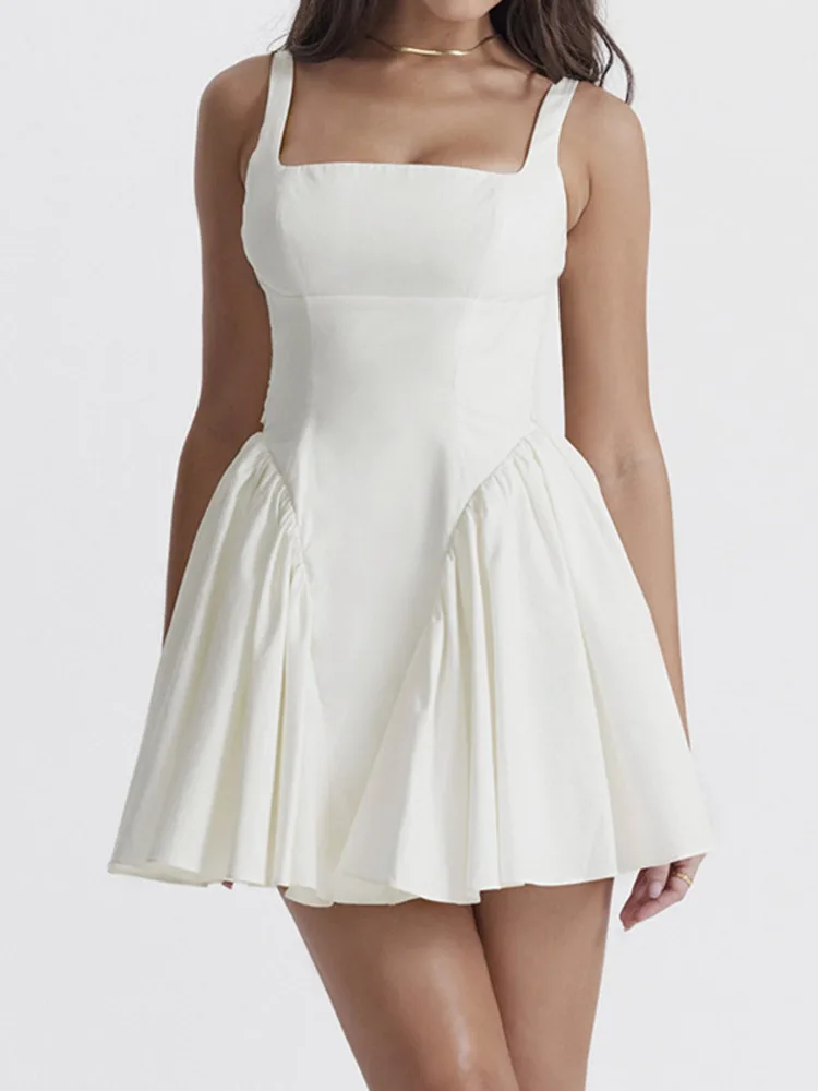 

Mozision White Backless Bow A-line Mini Dress For Women Autumn New Square Collar Sleeveless Sexy Elegant Dress Fashion Clubwear