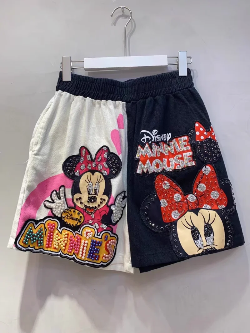 European Style 2023 Summer Fashion Heavy Industry Cartoon Beaded High Waist Shorts Women's Loose Slimming Wide Leg Short Pants
