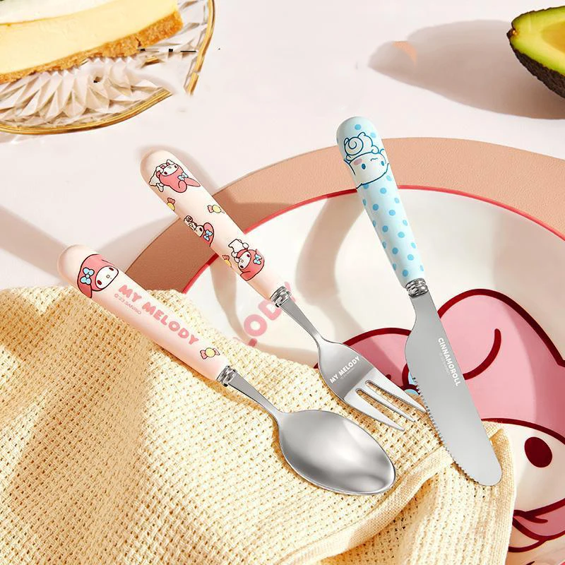 

Kawaii Sanrio Spoon Forks Knives Set Anime My Melody Cartoon Student Household Tableware Stainless Steel Cute Toys Girls Gifts