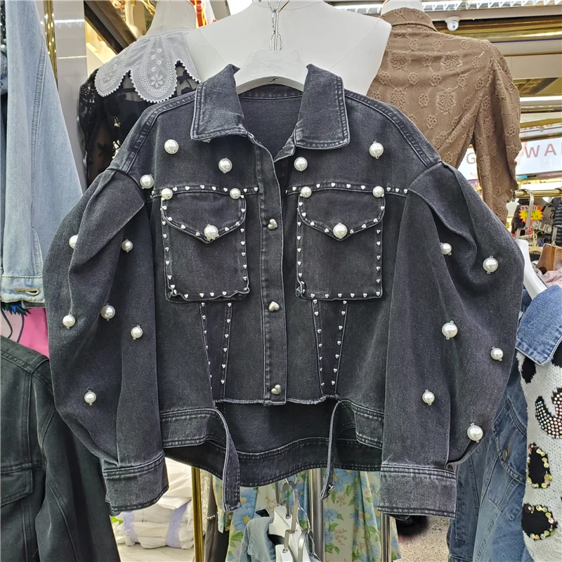 Куртка женская джинсовая короткая с большими карманами винтажный пиджак из