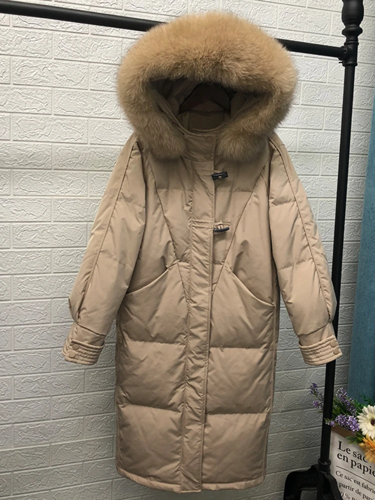 

FTLZZ Women New Thick Warm Large Real Fur Hooded Coats Women White Duck Down Jackets Long Parkas Female Winter Puffer Jacket