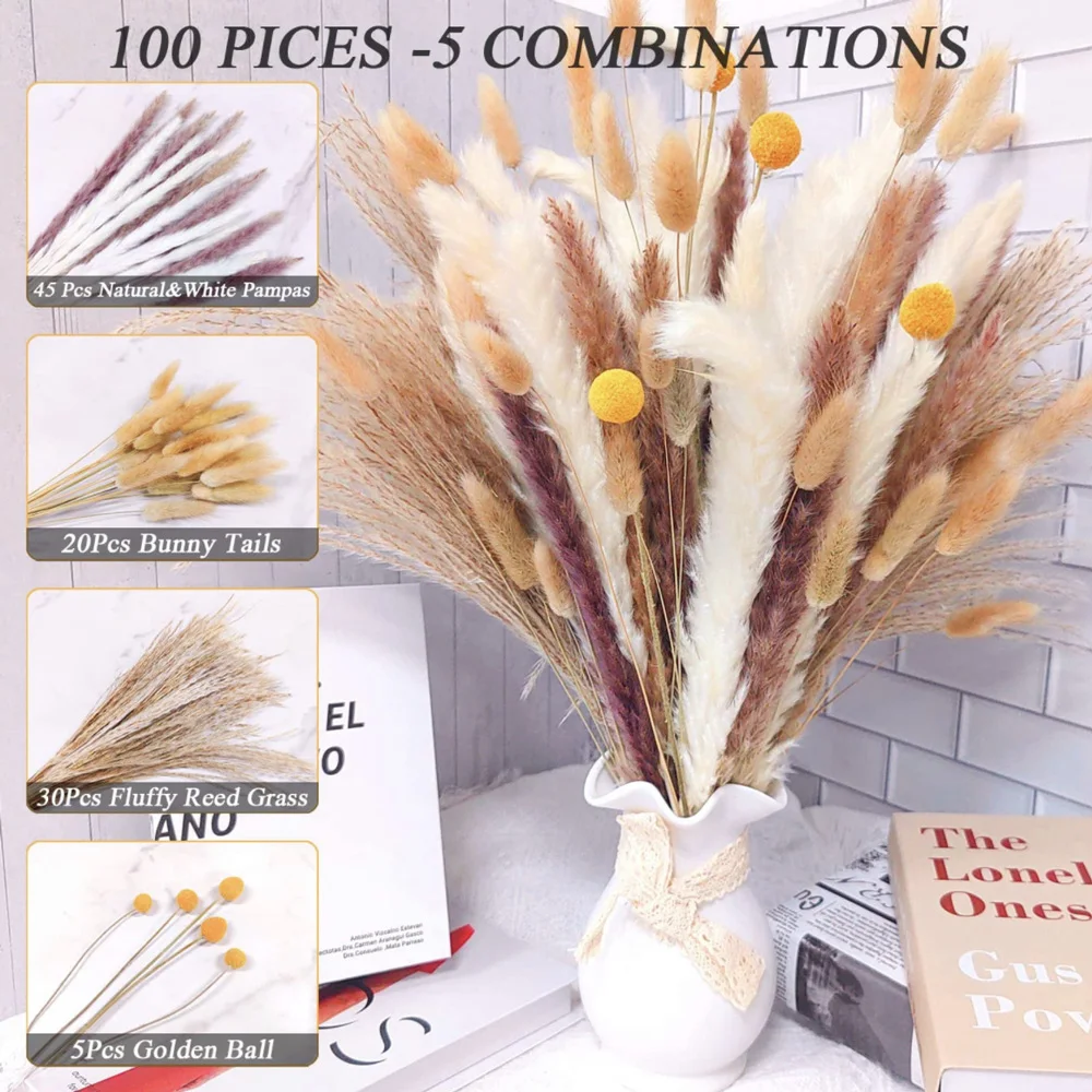 

100PCS Natural Dekoration Pampas Grass Bouquet Boho Home Decor Phragmites Dried Flowers For Wedding Ramadan Decoration Chambre