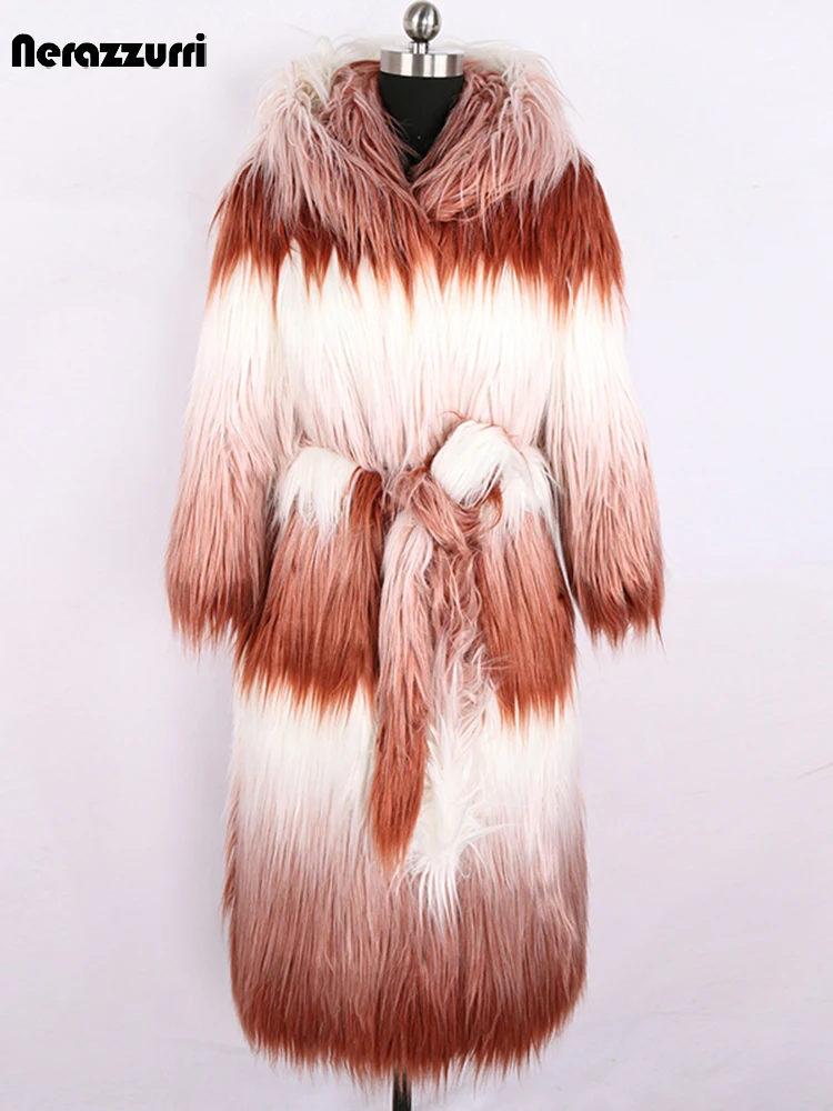 

Nerazzurri Winter Long Colorful Shaggy Gradient Luxury Fluffy Faux Mongolian Lamb Fur Coat Women with Hood Sashes 3/4 Sleeve