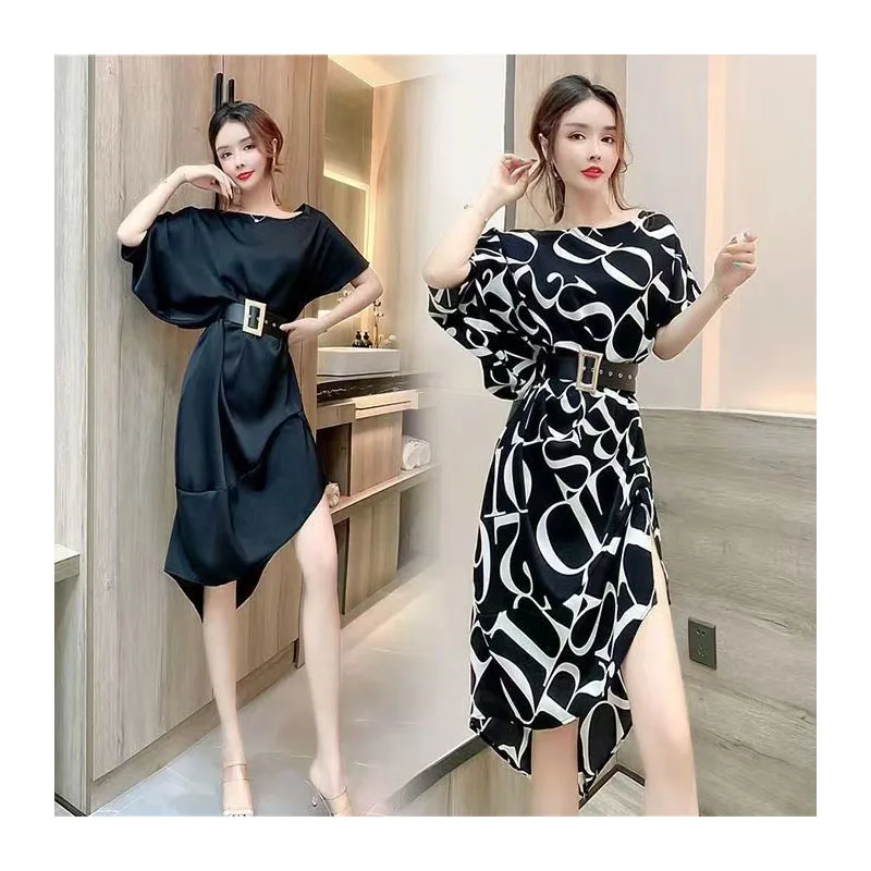 

Summer Women Elegant Tunic Midi Dress Ladies Office Plus Size O-neck Short Sleeve Letter Print Loose Asymmetry Irregular Design