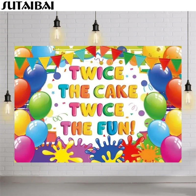 

Joint Colourful Combined 2nd Birthday Party Backdrop Balloons Twice Fun Rainbow Banner Kids Baby Shower Photograph Backdrop