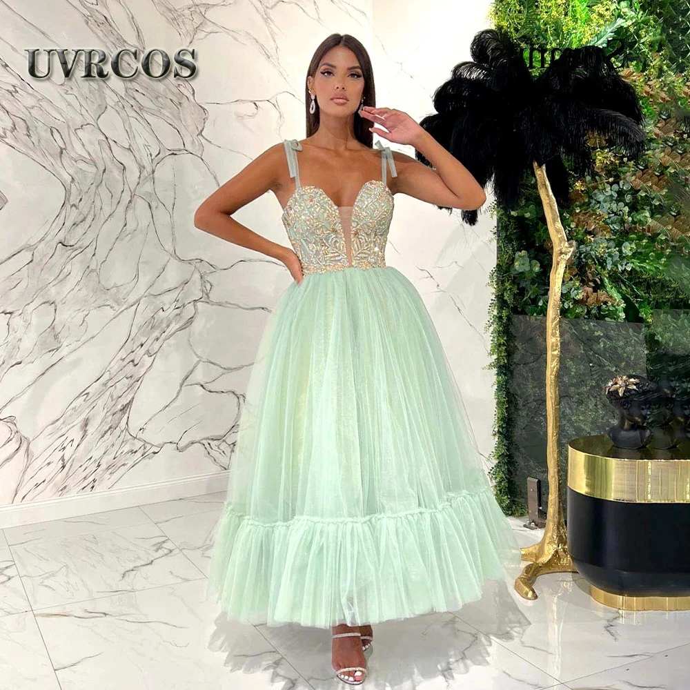 

UVRCOS Mint Green Pleat Beads Evening Dresses Graduation Tulle Aline Prom Christmas Party Saudi Arabric Robes De Soirée