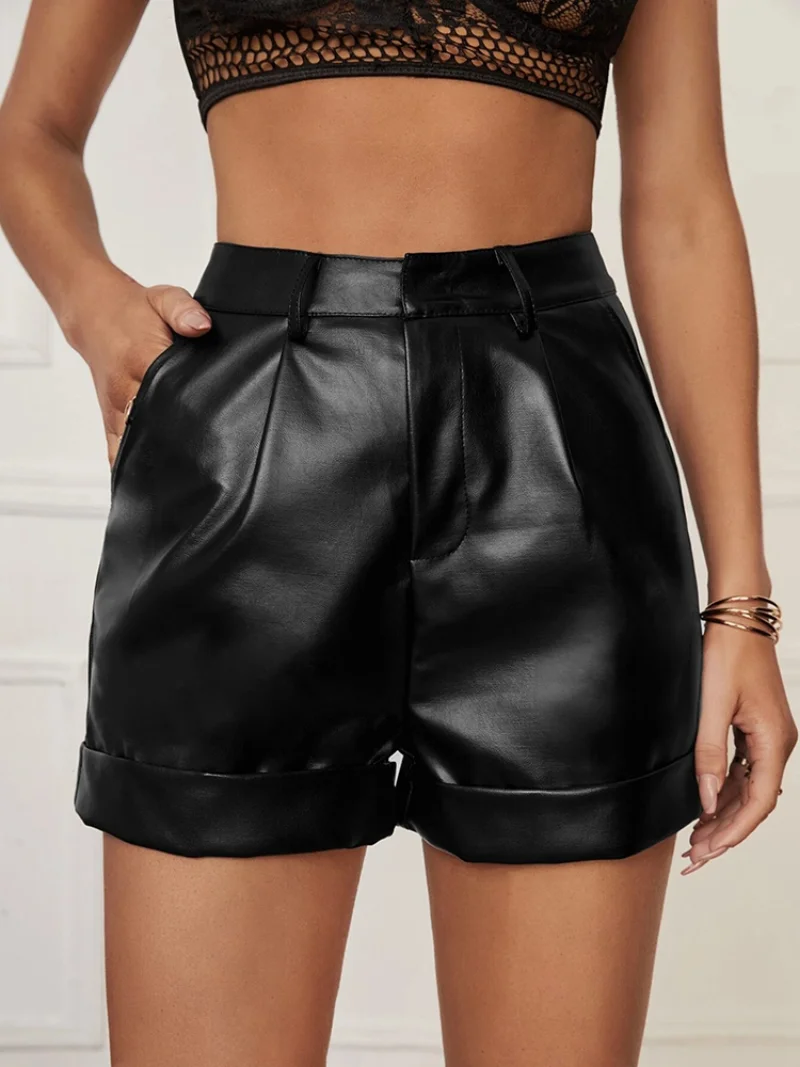2023 New Fashion Women Faux PU Leather Shorts Ladie Sexy Elegant High Waist Black Pocket Short Female Hot Sale Pantalones Cortos