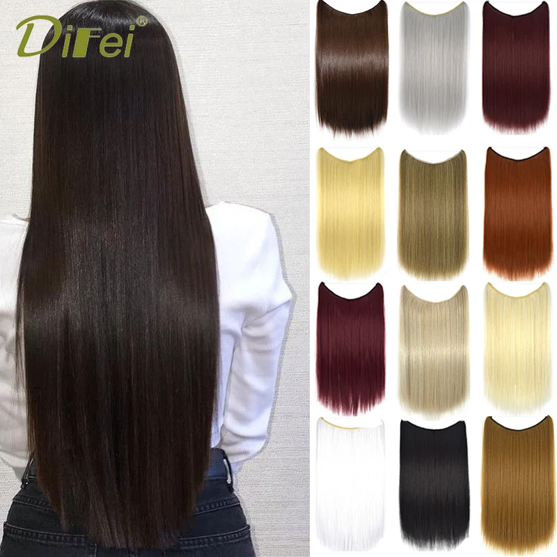 DIFEI 55CM Synthetic  No Clip Invisible Fishing Line Hairpiece Extensions Woman Natural Artificial White Silver Grey Gold Wig