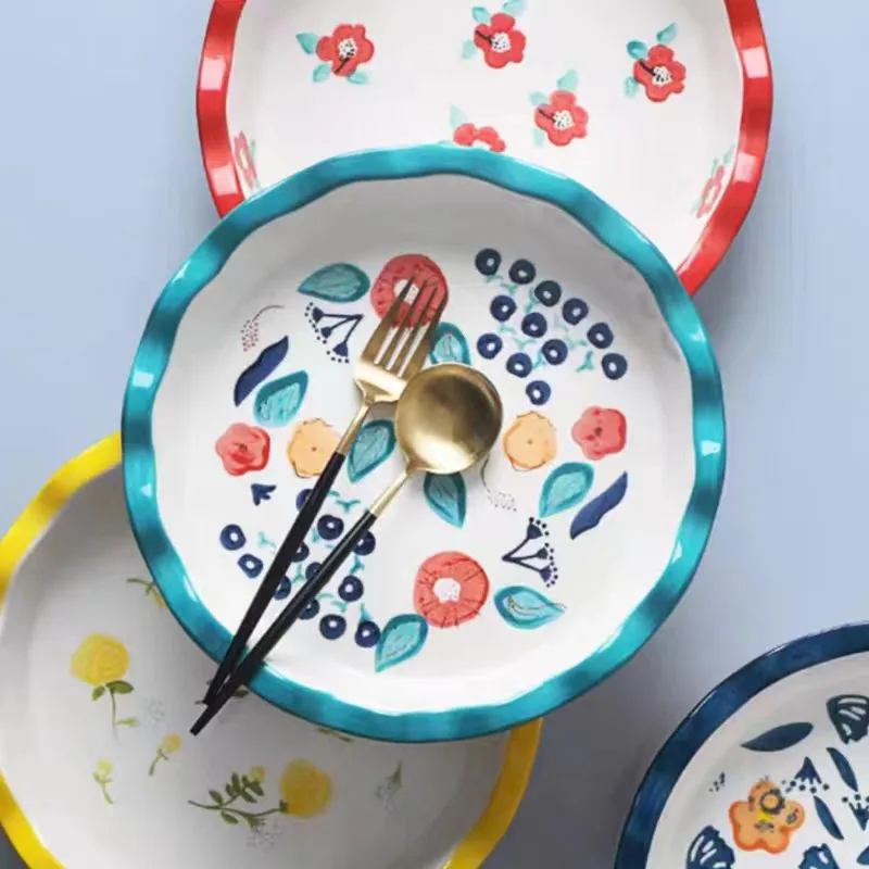 

Creative Hand-Painted Four Seasons Flowers Baking Plate Cure Mold High Temperature Lace Tracing Wavy Dish Household Tableware