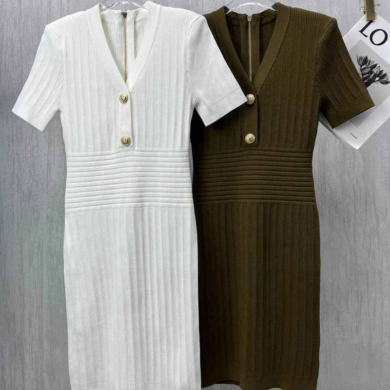 2023 Top Quality Spring Summer Top Quality Solid White Black Khaki Golden Buttons Slim Mini Knit Dress