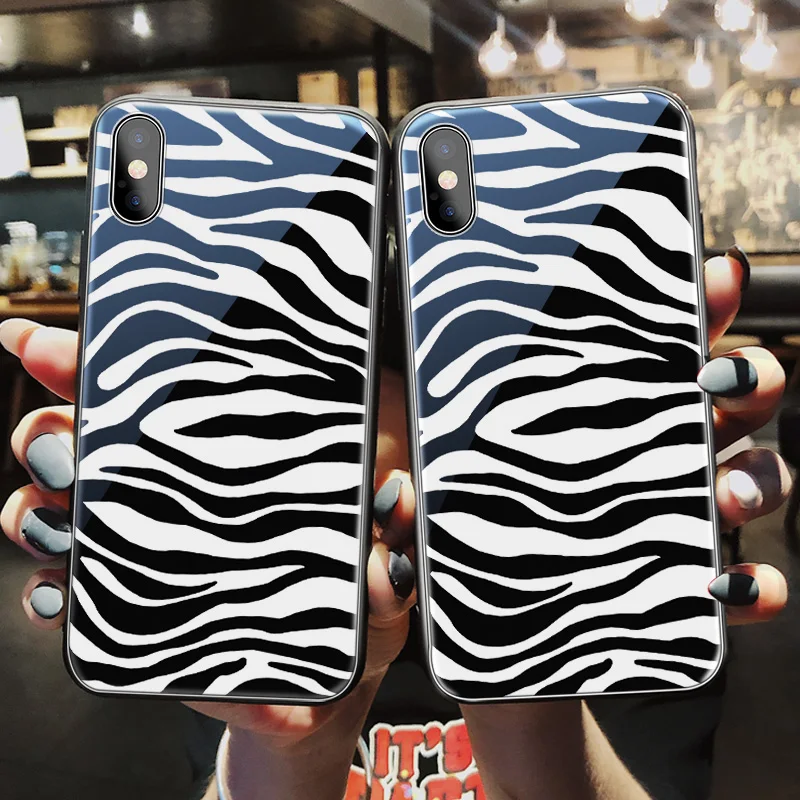 

Fashion Zebra Stripes Tempered Glass Case for IPhone 11 12 13 Pro XS Max 13Mini X XR Hard Case for IPhone 7 8 6s Plus SE2 Fundas