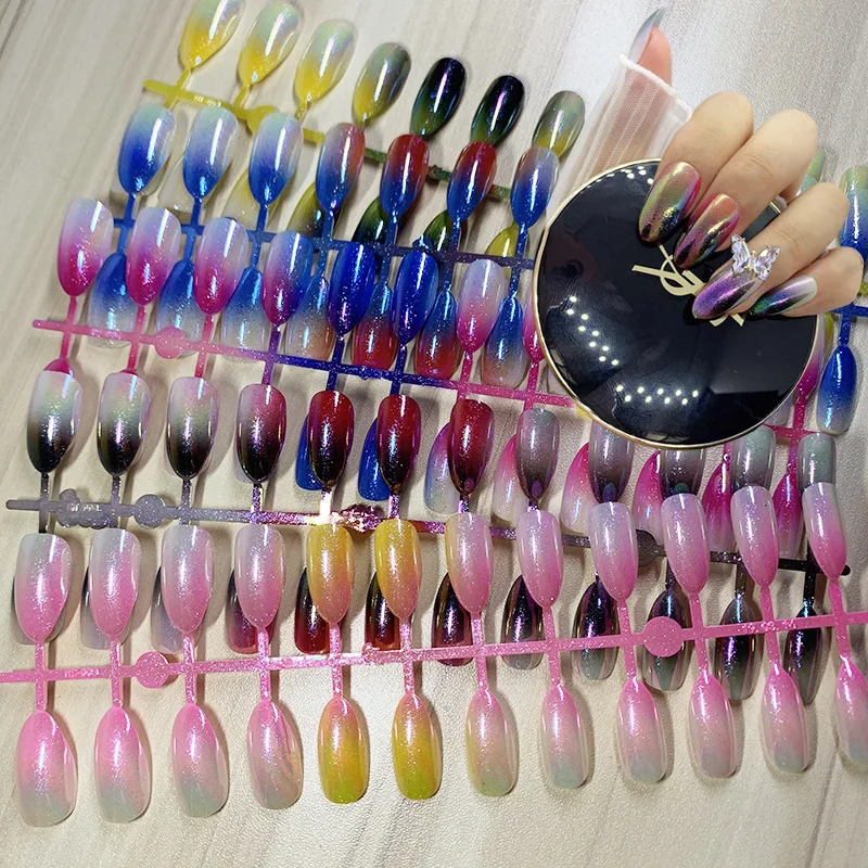 

24Pcs Gradient Design Mirror Aurora illusion Fake Nails With Glue Wearable Nail Art Tips Fashion Manicure Artificial False Nails