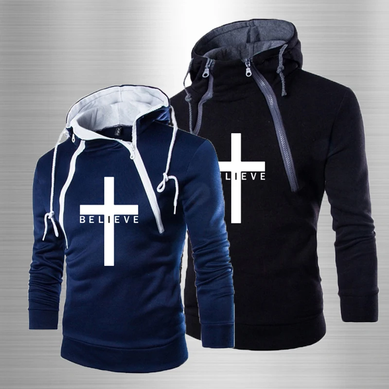 

Новинка, Мужская теплая спортивная толстовка с принтом «Я верю в Иисуса Христа» на осень и зиму, однотонная толстовка с двойной цепочкой и к...