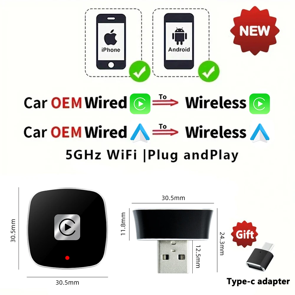 

Аксессуары для мини-автомобилей CarAiBOX, оригинальный проводной адаптер Carplay или Android Auto to Wireless 2in1, Play and Plug