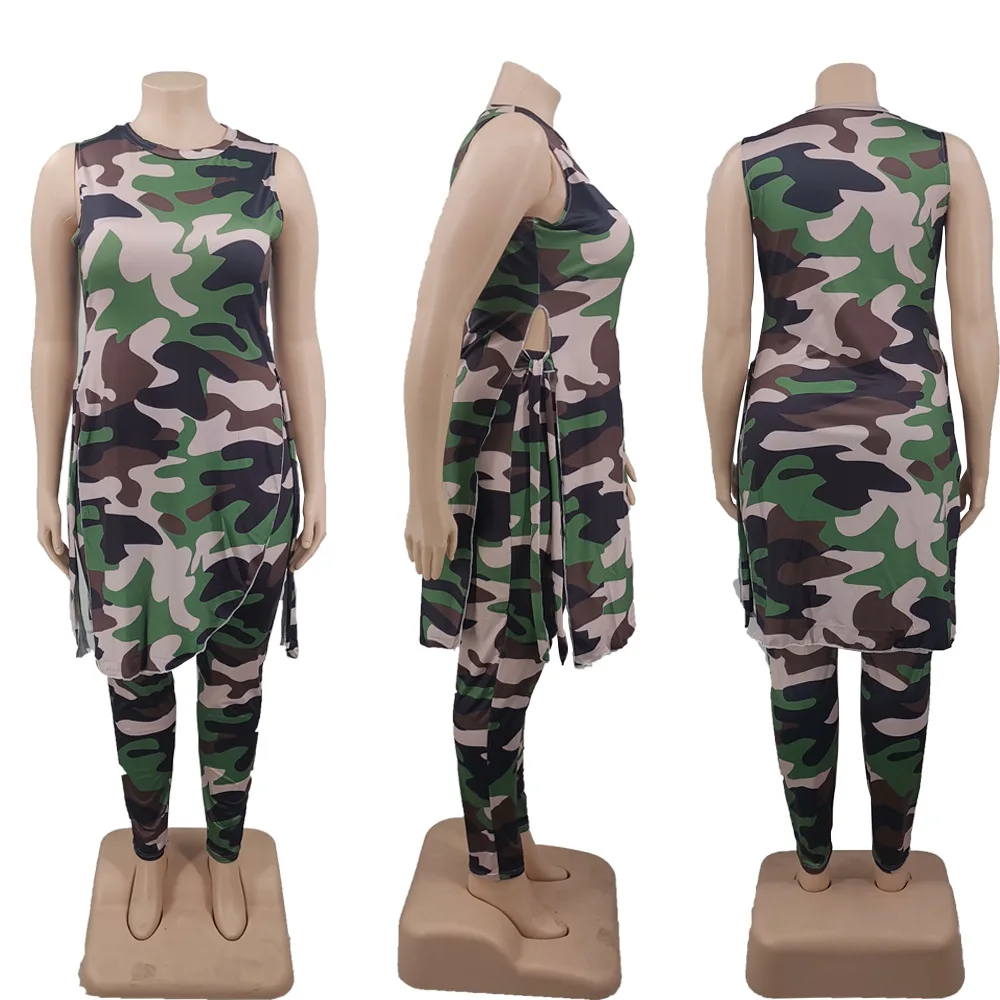 Plus Size Women Long Shirt And Pants Fashion Two Piece Sets Sleeveless Crop Top Camo Print Tracksuit Sexy Female Wholesale