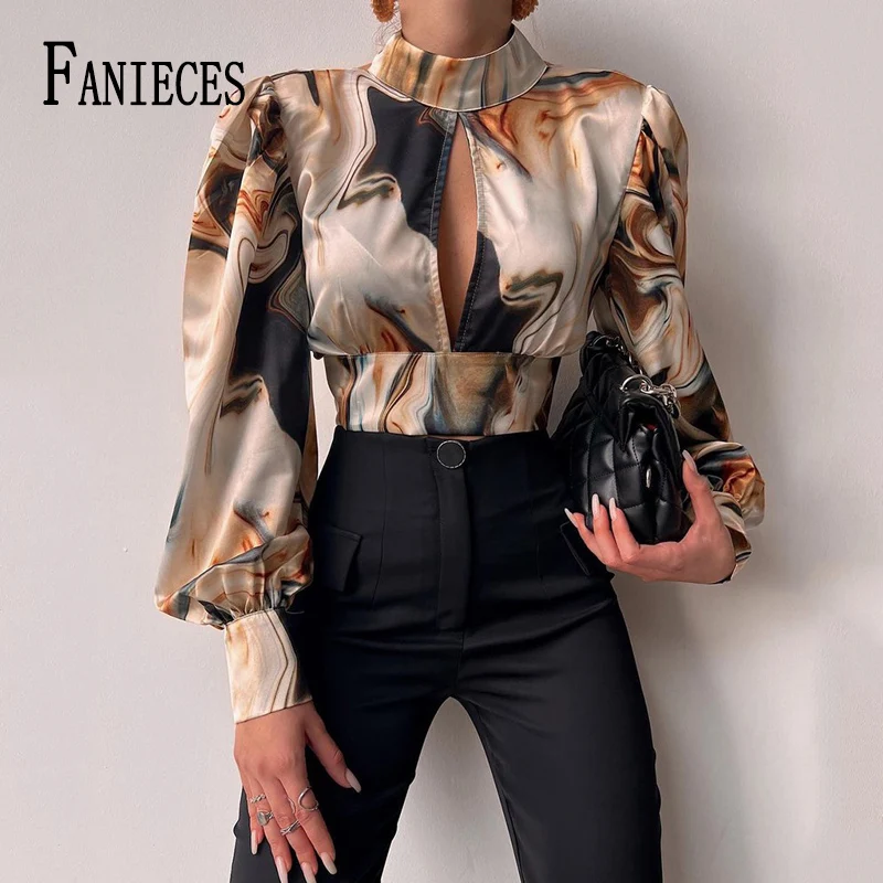 

FANIECES короткие блузки с винтажным принтом, Женские приталенные Рубашки с длинным рукавом и воротником-стойкой, сексуальные блузки с открыто...