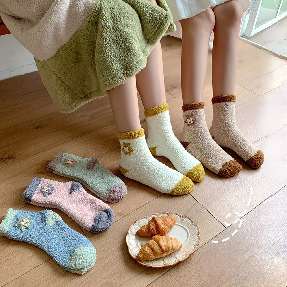 5 Pairs Autumn and Winter Women Coral Fleece Bear Cute Home Floor Sleep Socks Harajuku Sweet and Cute Warm Women Socks
