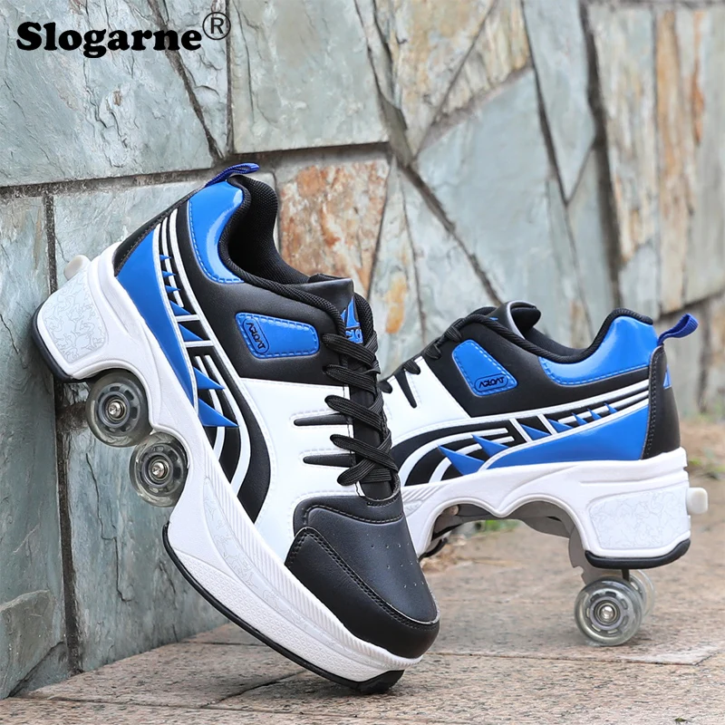 

Kid's Four Wheels Roller Skates Dual Use Skating Shoes Double-Row Casual Sneakers Boy Girl Sports Inline Skates Leather Shoes