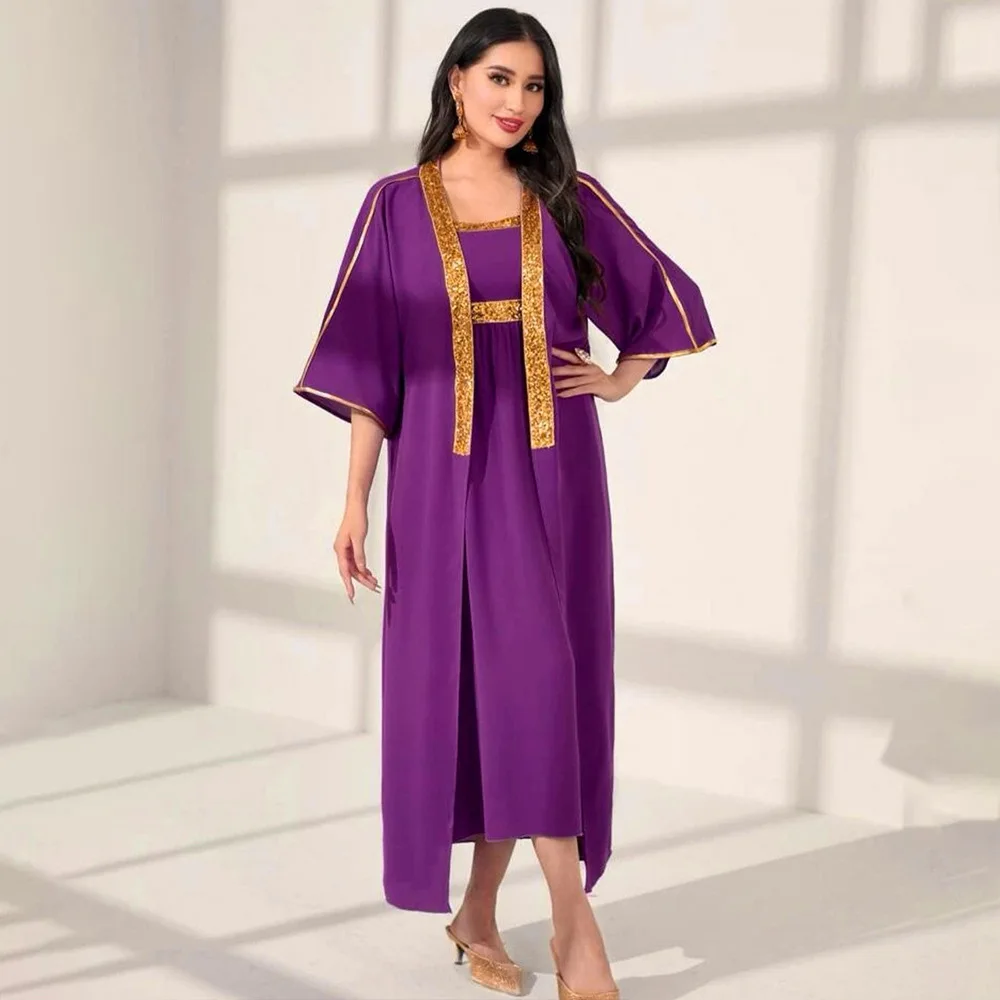 

2 Piece Set Women Kimono Cardigan with Sleeveless Slip Dress Suit Muslim Outfits Open Abaya Sequins Caftan Dubai Kaftan Robe 2PC