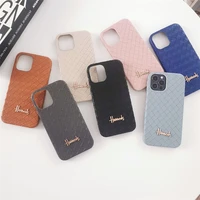 business weave pattern couple metal letters leather pu hard phone case for iphone 13 12 11 pro x xs max xr 7 8 plus luxury cover