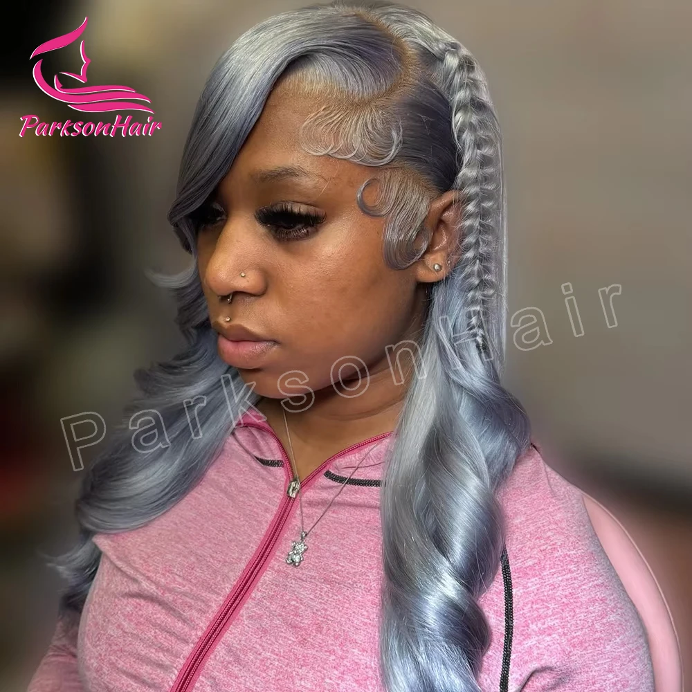 Серебристо-голубые свободные волнистые на сетке спереди прозрачные 13x4 13X 6