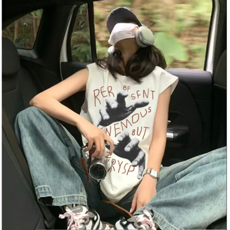 

O Neck Vest Loose Women American High Street Letter Print Vintage Baseball Summer Tank Tops Y2k Hiphop Tshirts Sleeveless