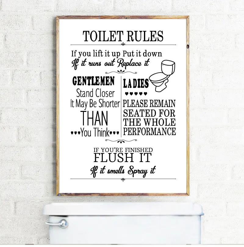 

Настенная картина Правила пользования туалетом на холсте, Современная смешная картина в виде унитаза с надписью «Правила ванной», Юмористическая картина, декор для ванной и дома