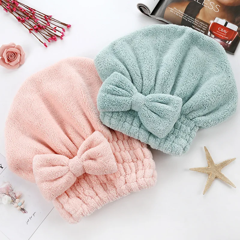 New Quick-drying Hair Cap Super Absorbent Dry Hair Towel Coral Velvet Bath Tool Portable Shower Bow Tie Caps Bathroom Accessory
